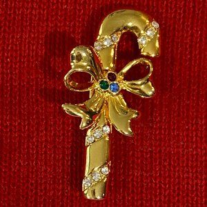 Candy Cane Brooch pin with crystals Gold tone
